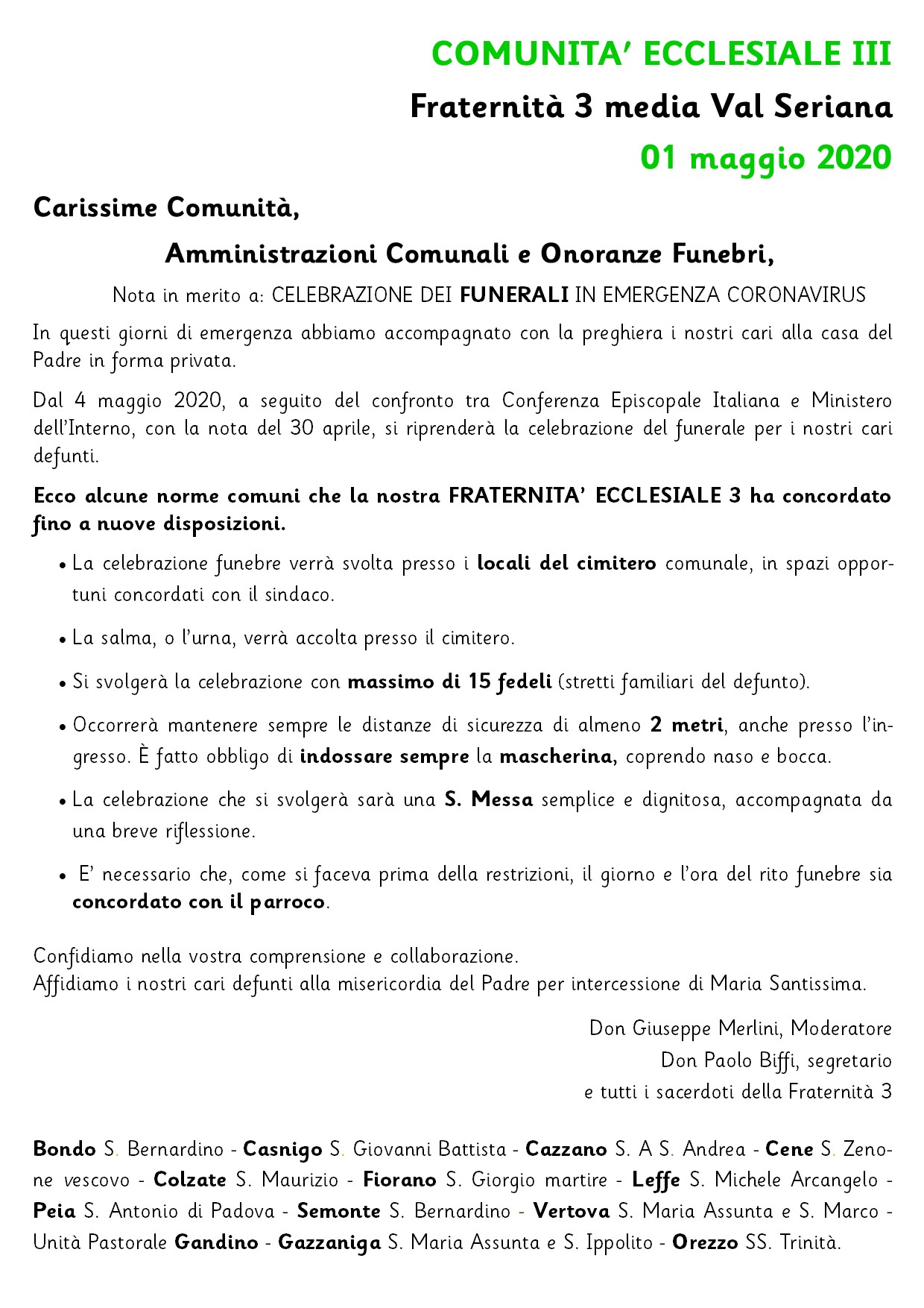 nota in merito alla CELEBRAZIONE DEI FUNERALI - UP Gandino