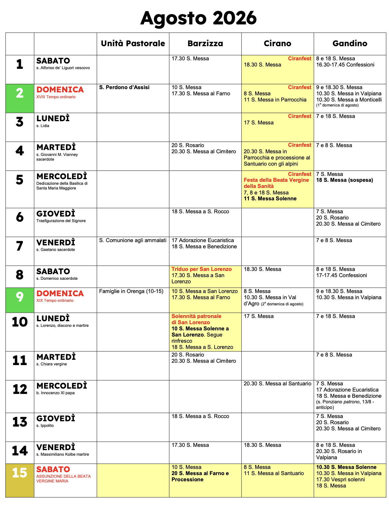 Calendario pastorale, Agosto 2026 giorni 1–15