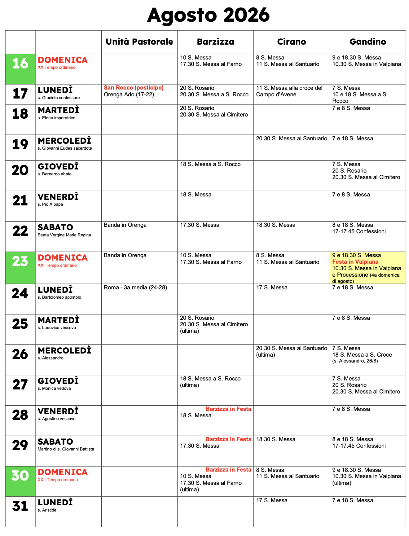 Calendario pastorale, Agosto 2026 giorni 16–31