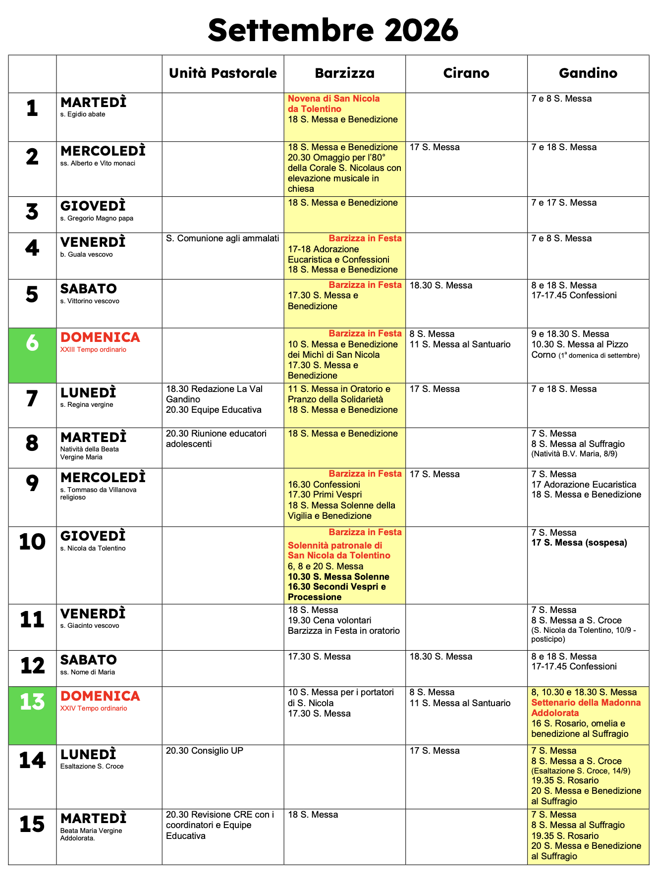 Calendario pastorale, Settembre 2026 giorni 1–15