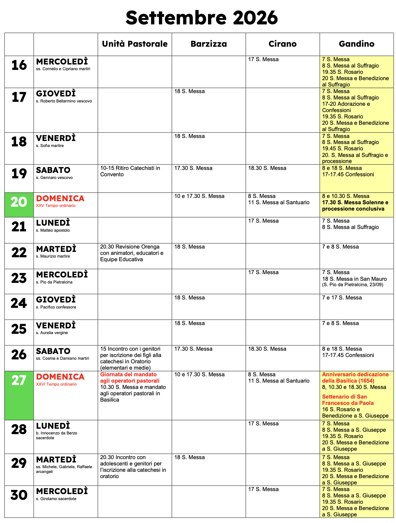 Calendario pastorale, Settembre 2026 giorni 16–30
